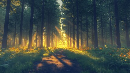 Fototapeta premium Ethereal Pathway, Sunlight Piercing Through a Mystical Forest Landscape