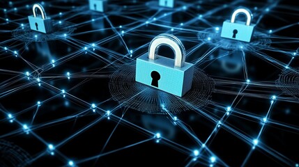 Cybersecurity network illustration featuring digital locks on a connected grid structure