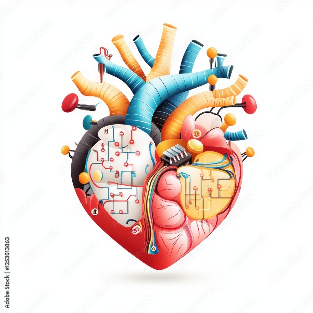 Poster colorful abstract heart design with vascular system and technology elements representing health conc