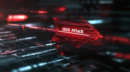 Cybersecurity threat visualization highlighting DDoS attack with digital elements and arrows indicating direction