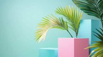 Colorful 3D abstract scene with tropical plants and geometric shapes