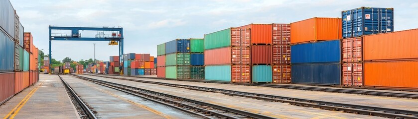 A panoramic view of a shipping yard filled with colorful cargo containers and railway tracks under a cloudy sky.