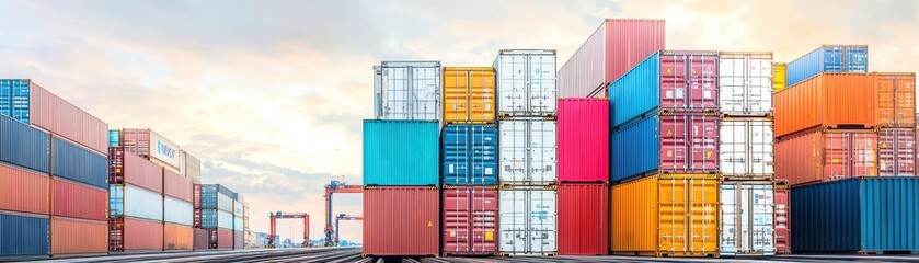 Fototapeta premium A vibrant array of shipping containers stacked in a port, showcasing a mix of colors against a serene backdrop.