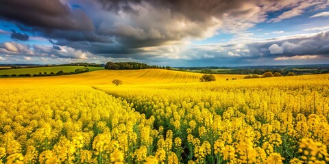 Obraz premium Hampshire Rapeseed Field: Vibrant Yellow Blooms in the English Countryside