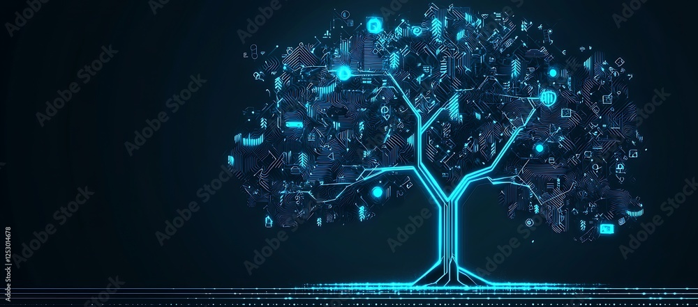 Poster glowing circuit tree of digital data and network technology