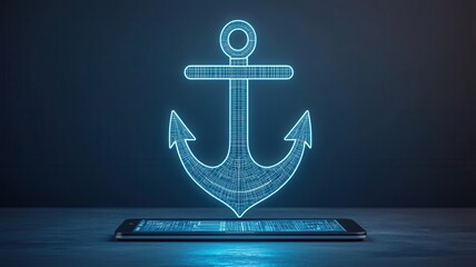 A glowing blue 3D anchor design appears above a tablet, symbolizing digital innovation and maritime themes.