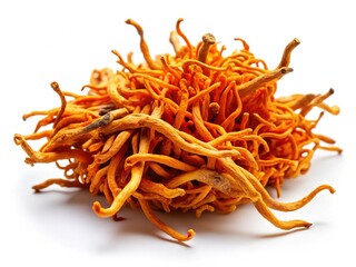 Fototapeta premium Single Cordyceps Militaris Mushroom Standing on White Background