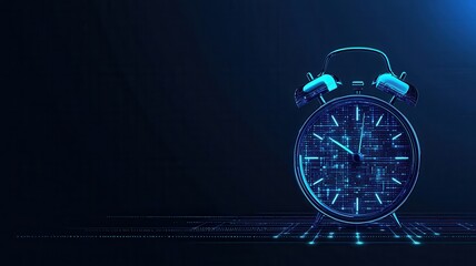 A digital alarm clock with a futuristic design, featuring blue glowing elements and a sleek background, symbolizes time management and technology.