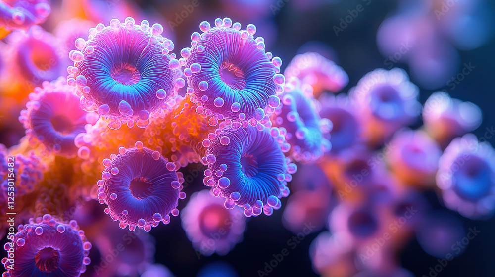 Poster exploring the intricate fractal patterns of the human microbiome showcasing glowing bacteria in a fu