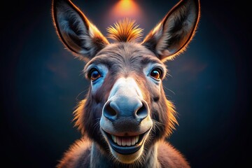 Fototapeta premium Happy Donkey Night Portrait: Smiling Equine in Dark Background - Stock Photo