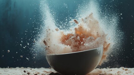 Dramatic flour explosion from black bowl