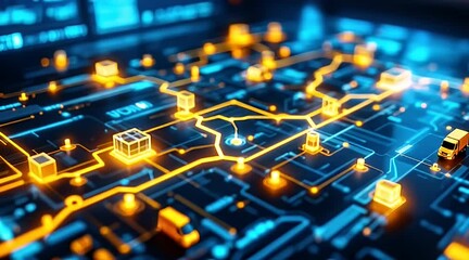 Global logistics network digital map showing delivery routes and package tracking