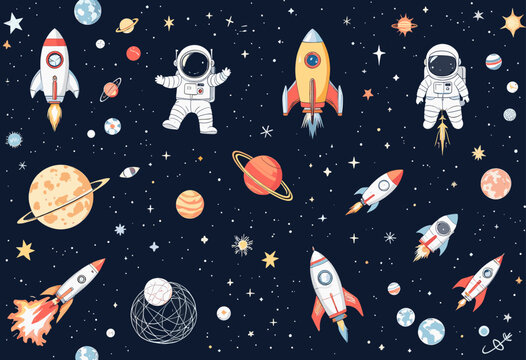 A space theme with a variety of space-related objects, including planets, stars, and rockets, all set against a dark blue background. Vector patterns, random pattern