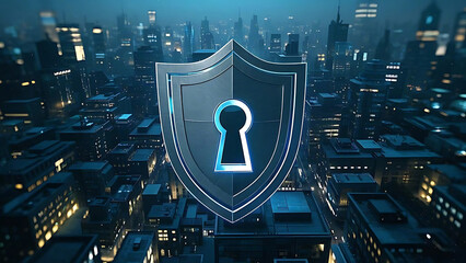 Digital Security Shield and Keyhole Over Cityscape