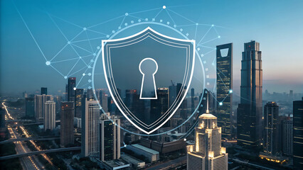Digital Security Shield and Keyhole Over Cityscape