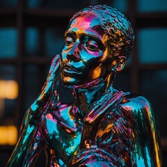 A shiny, metallic sculpture reflecting vivid hues of light.