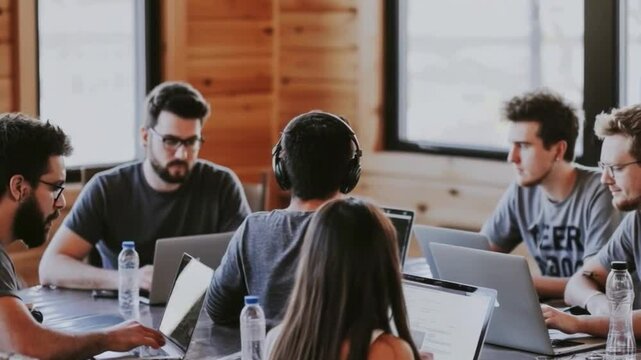 Video of a group of people working at laptops in a modern office is great for business presentations, educational projects and corporate videos.
