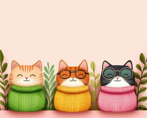 Fototapeta premium Cute Cartoon Cats in Colorful Sweaters Surrounded by Green Leaves on a Soft Pink Background