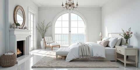 Serene Coastal Bedroom Retreat with Ocean View, Luxurious Bedding, and Elegant Fireplace