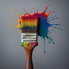 A rainbow-colored paintbrush with vibrant bristles dripping with paint.
