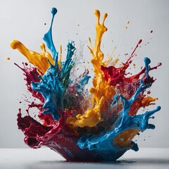 A splash of colorful paint frozen in motion, contrasting against white.