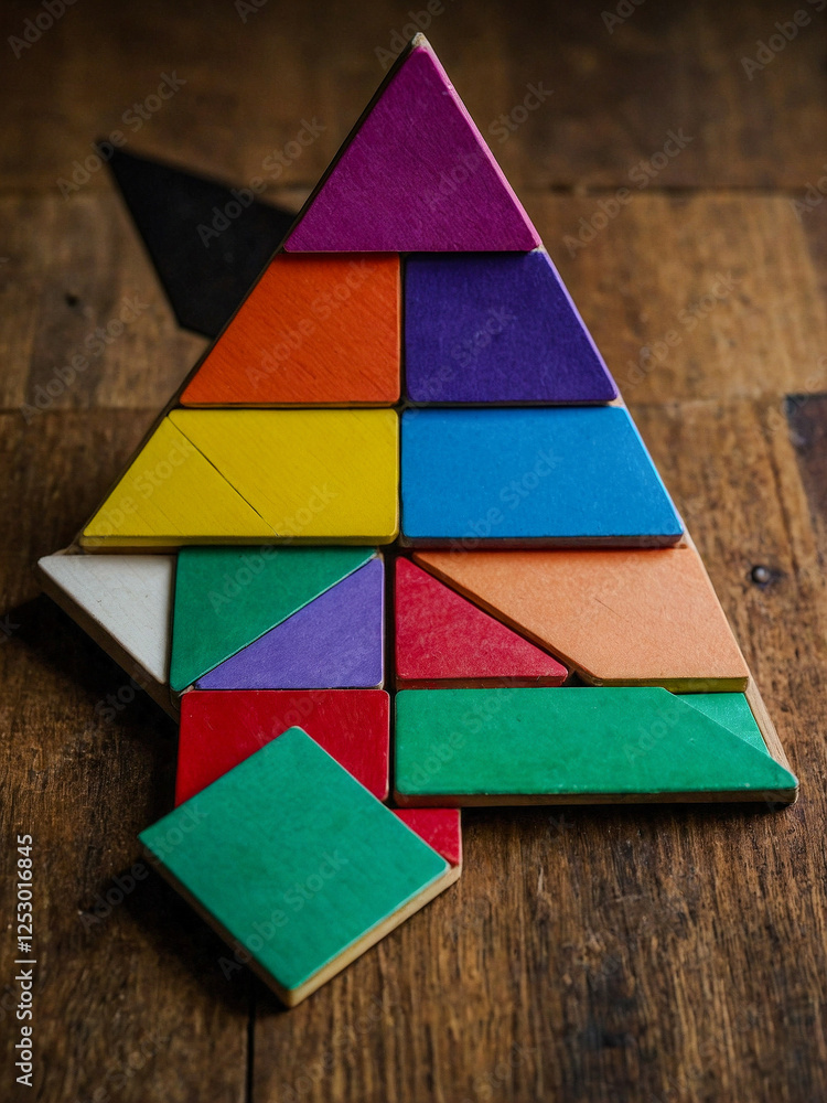 Poster a square tangram puzzle with various colors arranged on a wooden table.