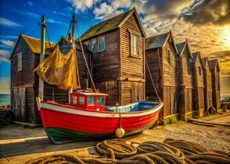 Obraz premium Hastings Fishing Boat & Net Drying Sheds - Summer in Sussex, UK