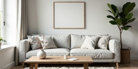 Modern minimalist living room interior design featuring a light grey sofa, wooden coffee table, and large framed artwork above