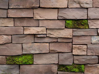  old brown brick wall with moss growth