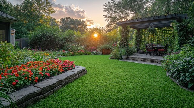 Sunset garden landscape design, backyard patio, lush plants