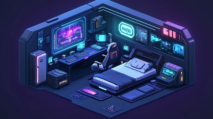 Futuristic cyberpunk gaming bedroom with neon lights and high-tech setup


