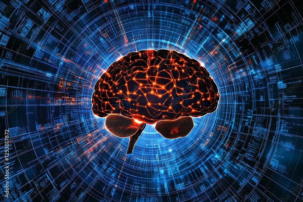 Poster digital brain with glowing connections surrounded by circuit patterns