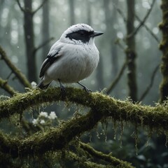 Obraz premium A delicate, magical forest washed in whites for Valentine’s, with a tiny, plump bird with glossy black eyes perching on a mossy branch against a seamless background.
