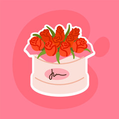 Cute and stylish sticker featuring a pink floral gift box filled with red roses. Perfect for love-themed illustrations and decorative designs