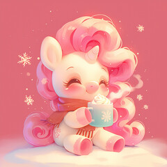 A cute cartoon horse is sitting on a snowy surface with a cup of hot chocolate in its mouth