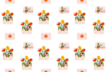 Pattern of floral envelopes with tulips and love letters. Ideal for wedding invitations, wrapping, and stationery design