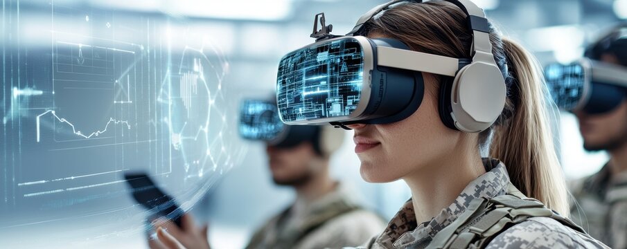 A soldier uses virtual reality technology, immersed in a digital environment, while others in military attire engage in a training simulation.