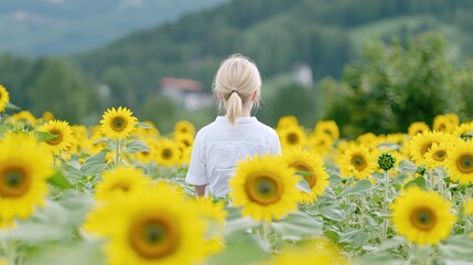 Fototapeta premium Girl in sunflower field, mountain view, summer