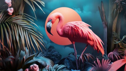 Pink flamingo in tropical jungle
