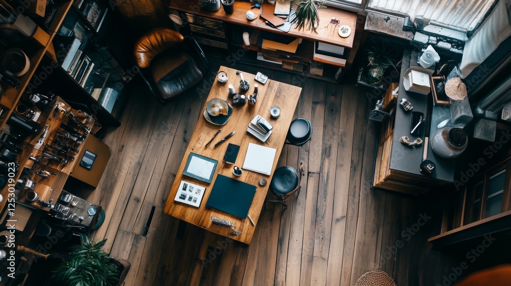 Poster top-down view of a rustic wooden dining table setting