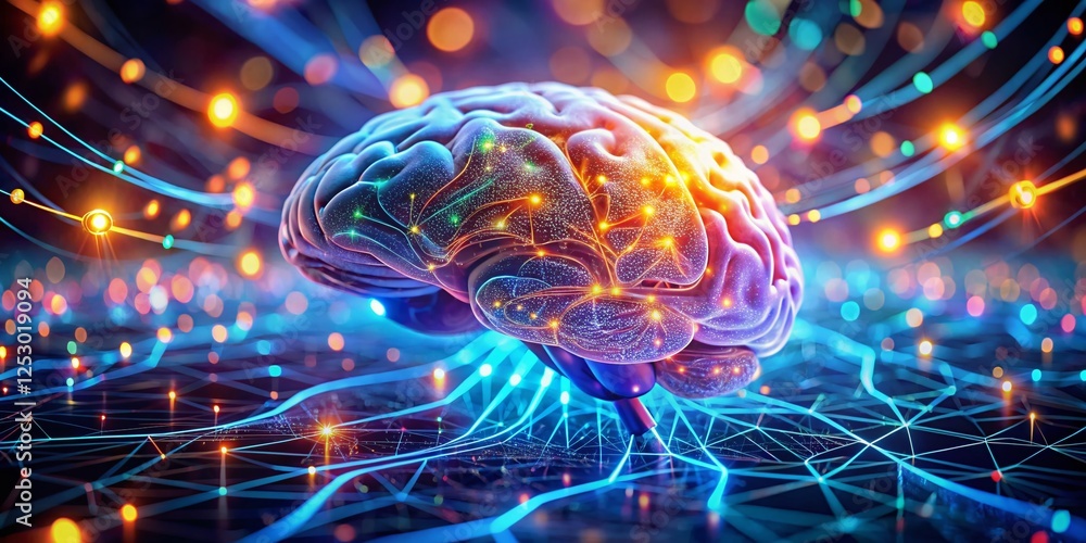 Aufkleber high-detail brain circuitry with binary code, deep depth of field stock photo