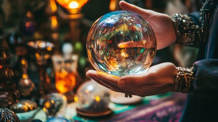 Fototapeta premium Fortune teller holding a glowing crystal ball in a mystical setting