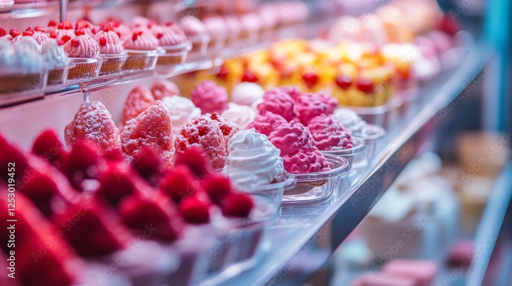 Poster delicious raspberry pastries in a bakery display case