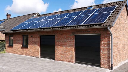 Fototapeta premium Brick garage with solar panels, sunny day, residential area