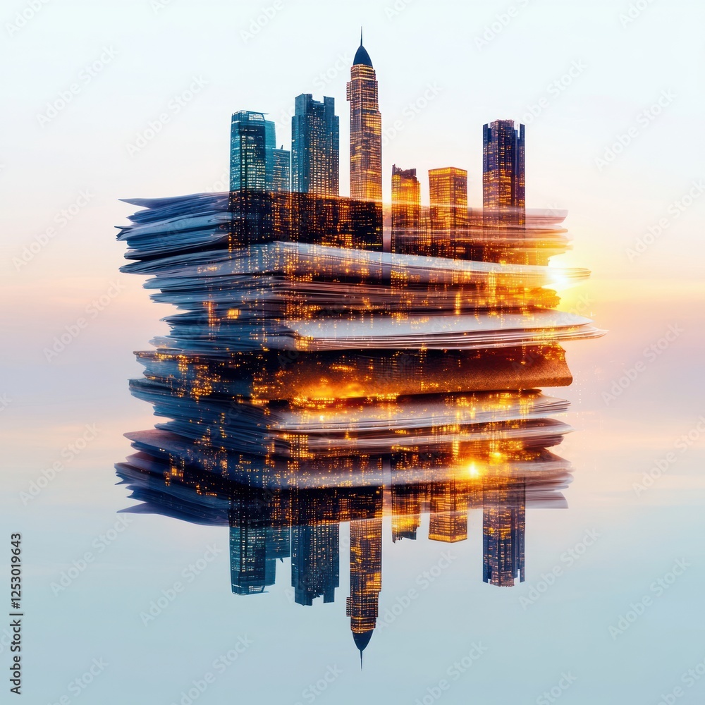Poster Urban Skyline Reflected on Stack of Papers with Soft Sunset Glow and Modern Architecture