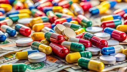 High-Resolution Image: Medicine Tablets Scattered on Cash, Financial Burden of Healthcare Costs