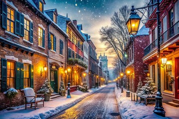 Obraz premium Historic Downtown Snow Scene: Charming Streets Blanketed in White