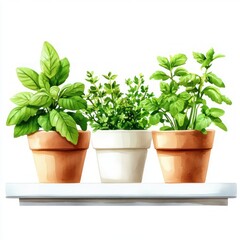 Fototapeta premium Fresh Herbs in Clay Pots Displayed on a White Shelf for Home Decor and Cooking Inspiration