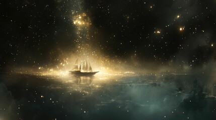 Luminous sailboat sails starry, ethereal sea.