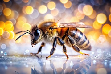 Honey Bee Macro Shot with Bokeh, Isolated on White Background - Stock Photo
